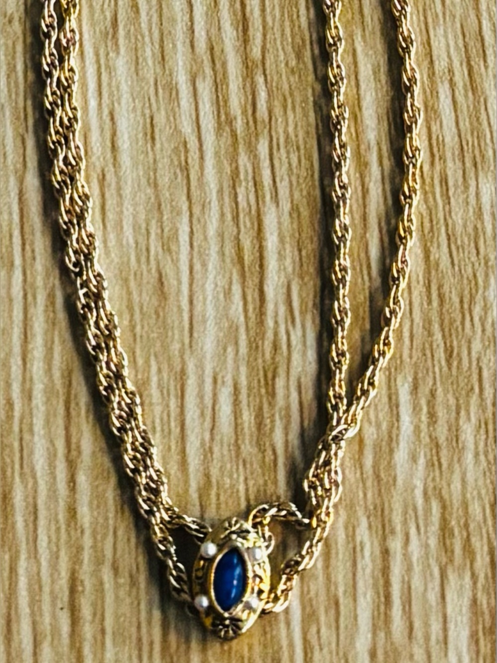 Vintage Gold Rope Style Chain Necklace with Natural Lapis and Pearl